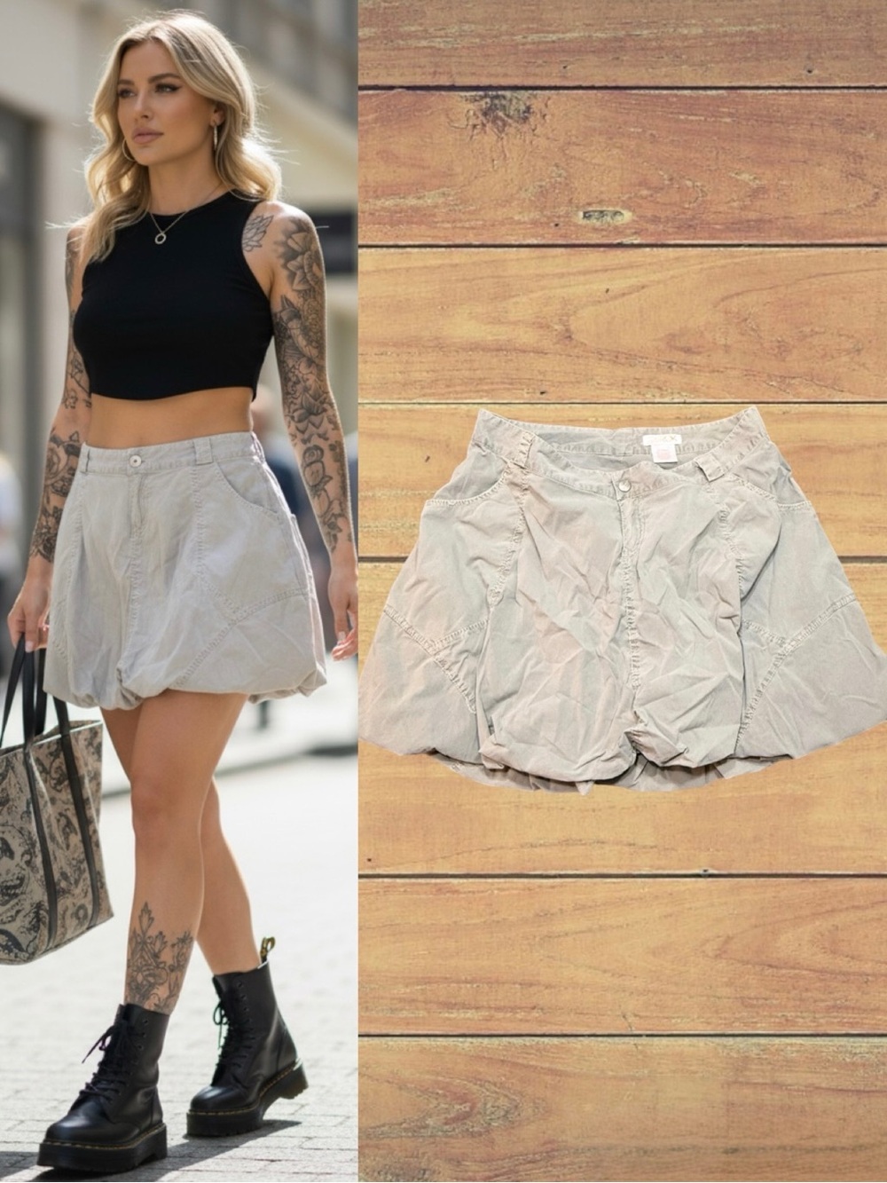 LaRok Y2K Khaki Cargo Bubble Mini Skirt Utility Balloon Hem Size Large